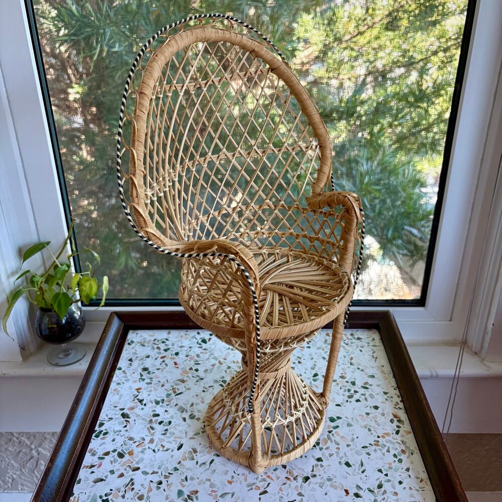 Vintage Mini Peacock Chair Rattan Plant Stand Boho Wicker Decor